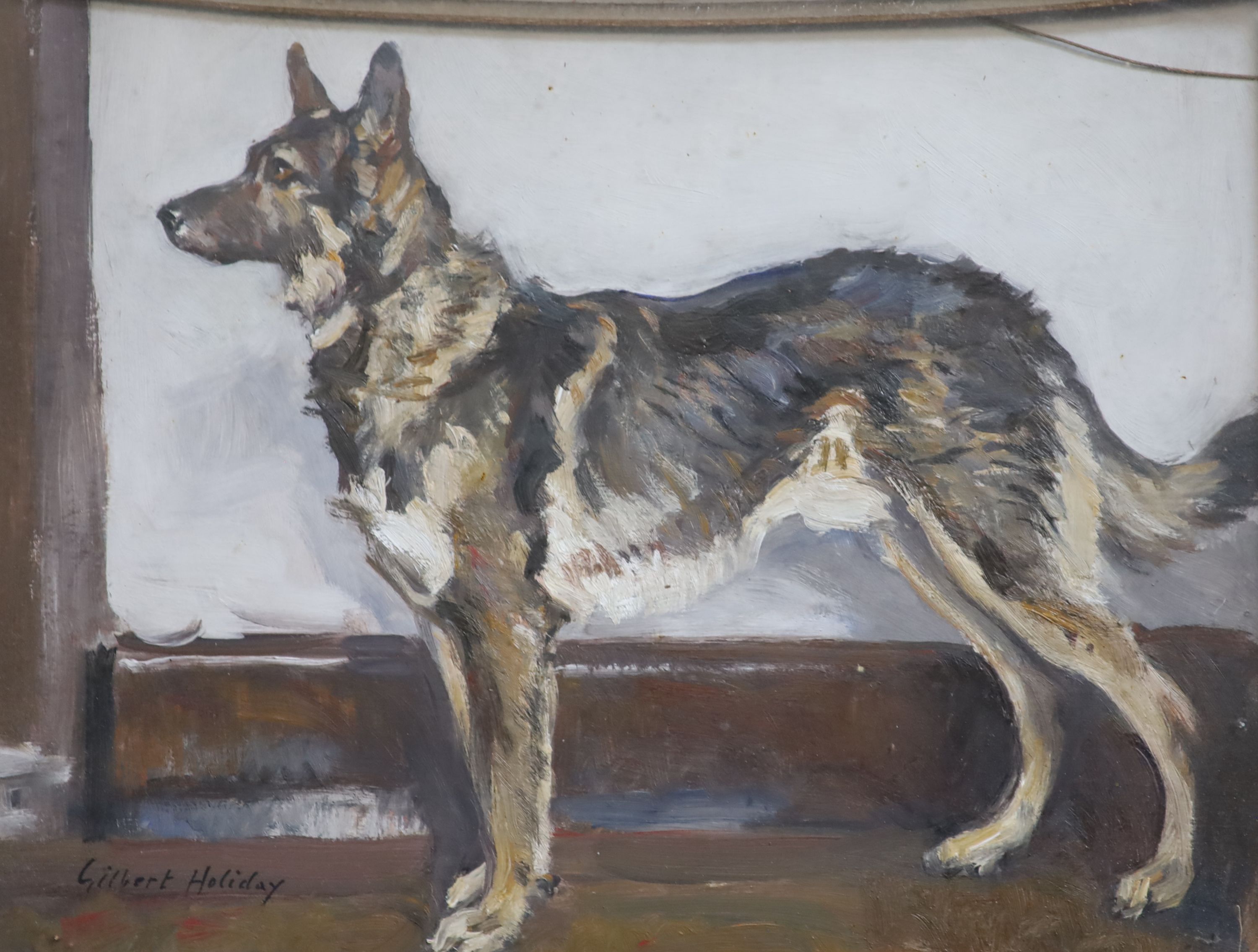 Gilbert Holiday (1879-1937), Portraits of an Alsatian and a Dapple grey horse 'Cossack', pair of oils on card, 24 x 32 cm.